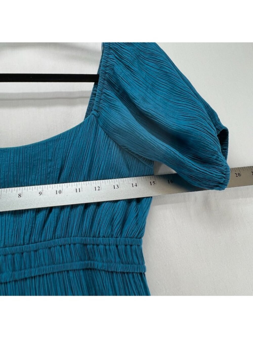 Max + Ash Crinkle Gauze Tiered Maxi Dress Womens S Smocked Puff Sleeve Teal Blue - Picture 11 of 14